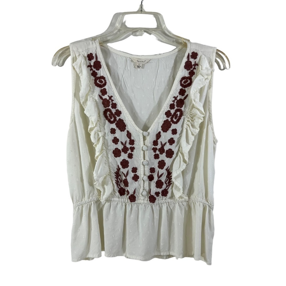 Sim & Sam White Sage Embroidered Ruffle Sleeveless Top Large